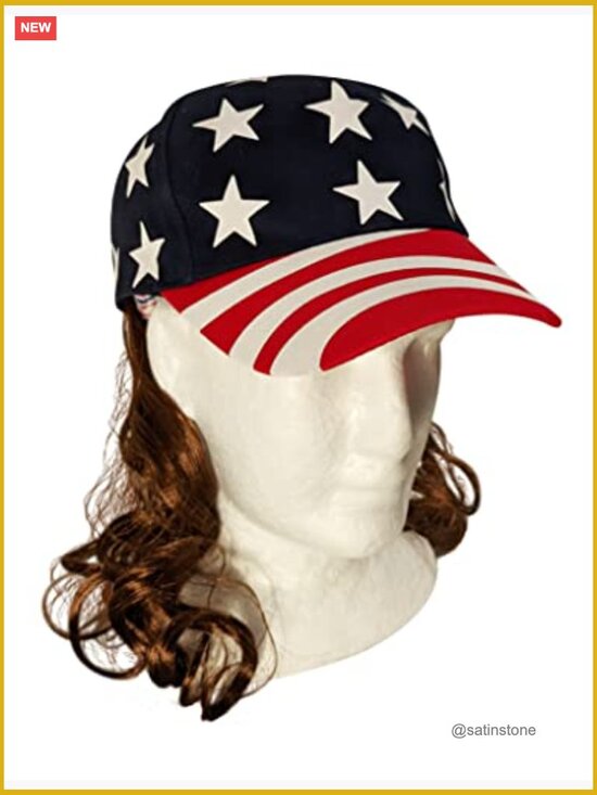 Stars and Stripes Mullet Hat - USA Patriotic Costume Wig with Brown Hair main image 4